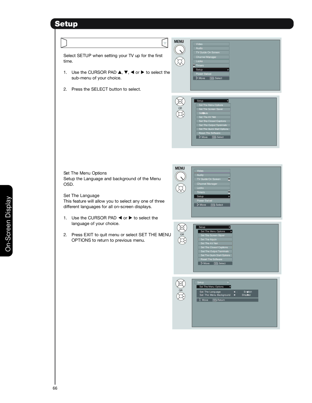 Hitachi 42HDX99, 55HDT79, 42HDT79, 55HDX99 important safety instructions Setup, Set The Menu Options, Set The Language 