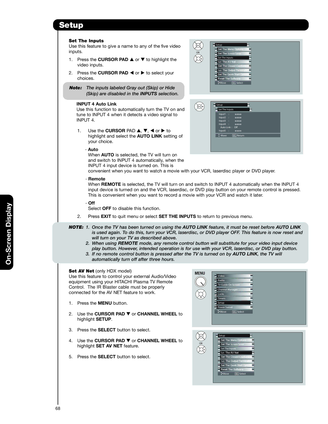 Hitachi 55HDT79, 42HDT79, 42HDX99, 55HDX99 Set The Inputs, Auto, Remote, Off, Use the Cursor PAD or Channel Wheel to 