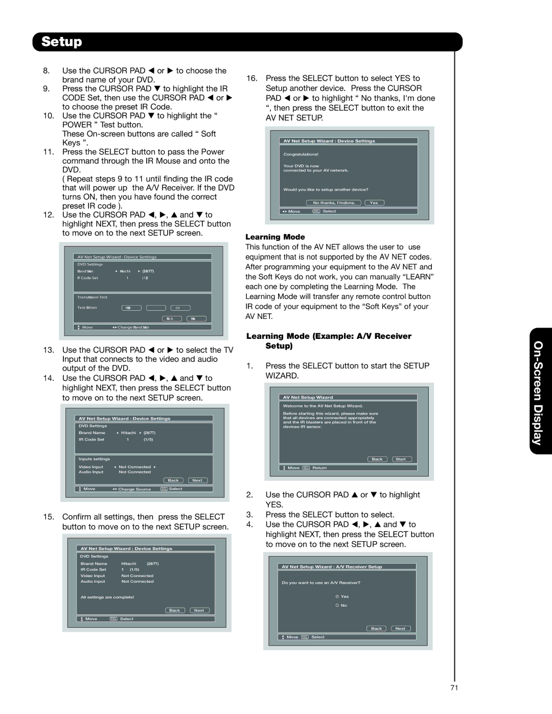 Hitachi 55HDX99, 55HDT79, 42HDT79, 42HDX99 important safety instructions AV NET Setup, Learning Mode 