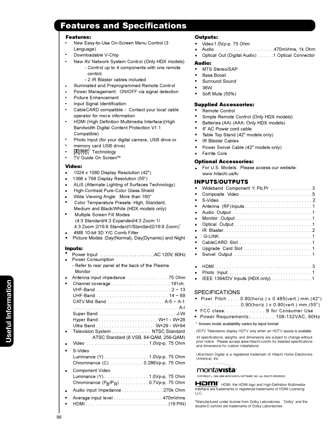 Hitachi 42HDX99, 55HDT79, 42HDT79, 55HDX99 important safety instructions Features and Specifications 