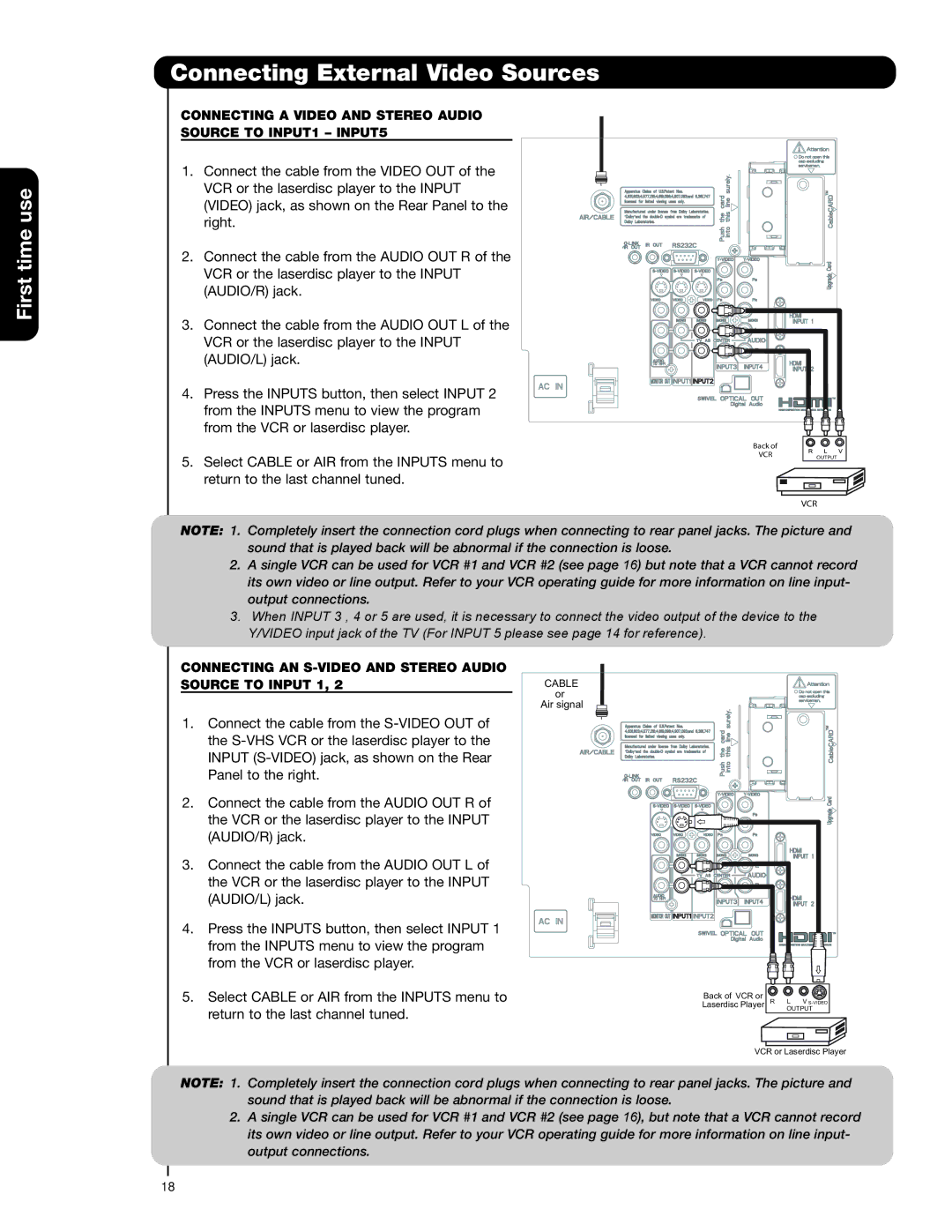 Hitachi 55HDT79 42HDX99 important safety instructions Connecting a Video and Stereo Audio Source to INPUT1 INPUT5 