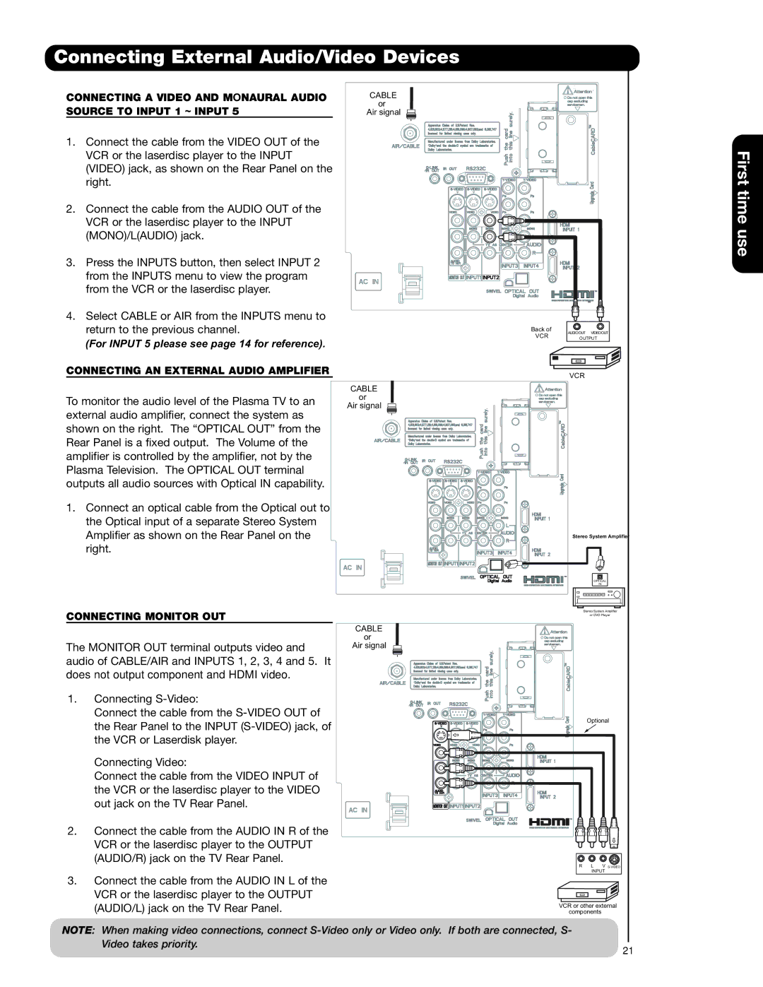 Hitachi 55HDT79 42HDX99 Connecting a Video and Monaural Audio, Source to Input 1 ~ Input, Connecting Monitor OUT 