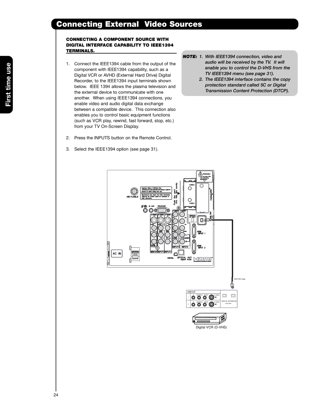 Hitachi 55HDT79 42HDX99 important safety instructions With IEEE1394 connection, video 