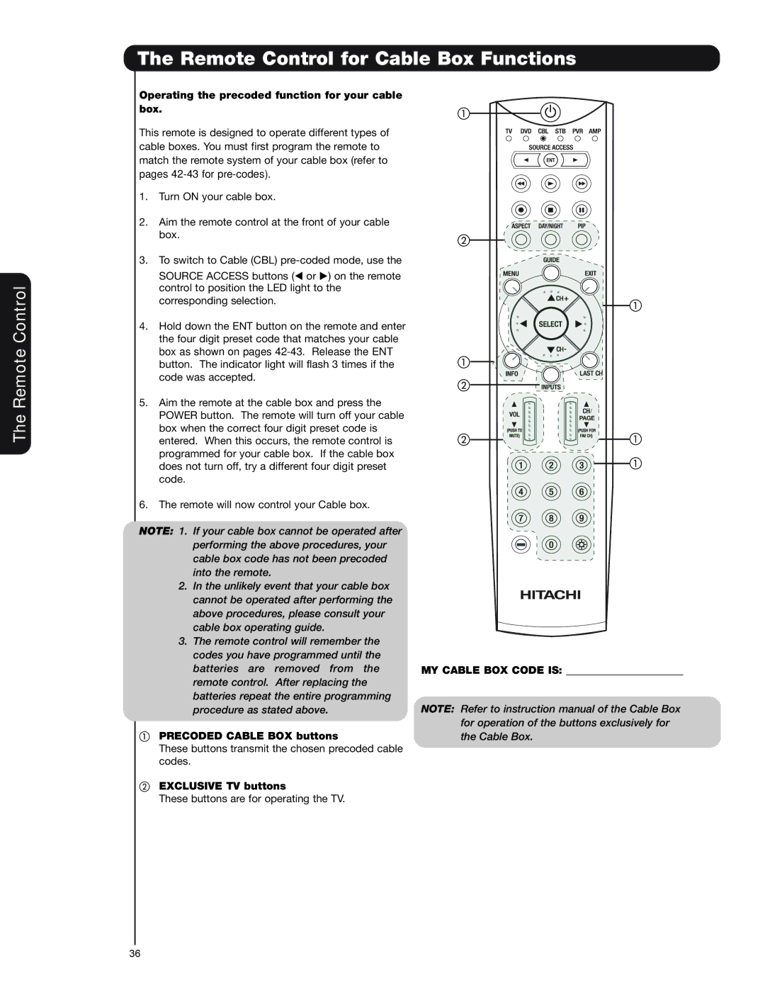 Hitachi 55HDT79 42HDX99 Remote Control for Cable Box Functions, Operating the precoded function for your cable Box 