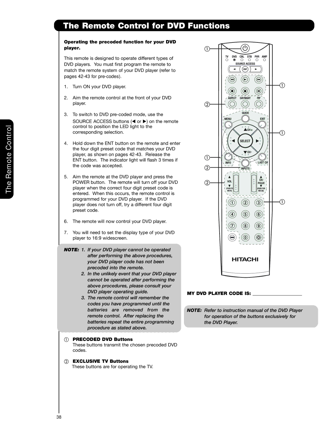 Hitachi 55HDT79 42HDX99 Remote Control for DVD Functions, Operating the precoded function for your DVD Player 