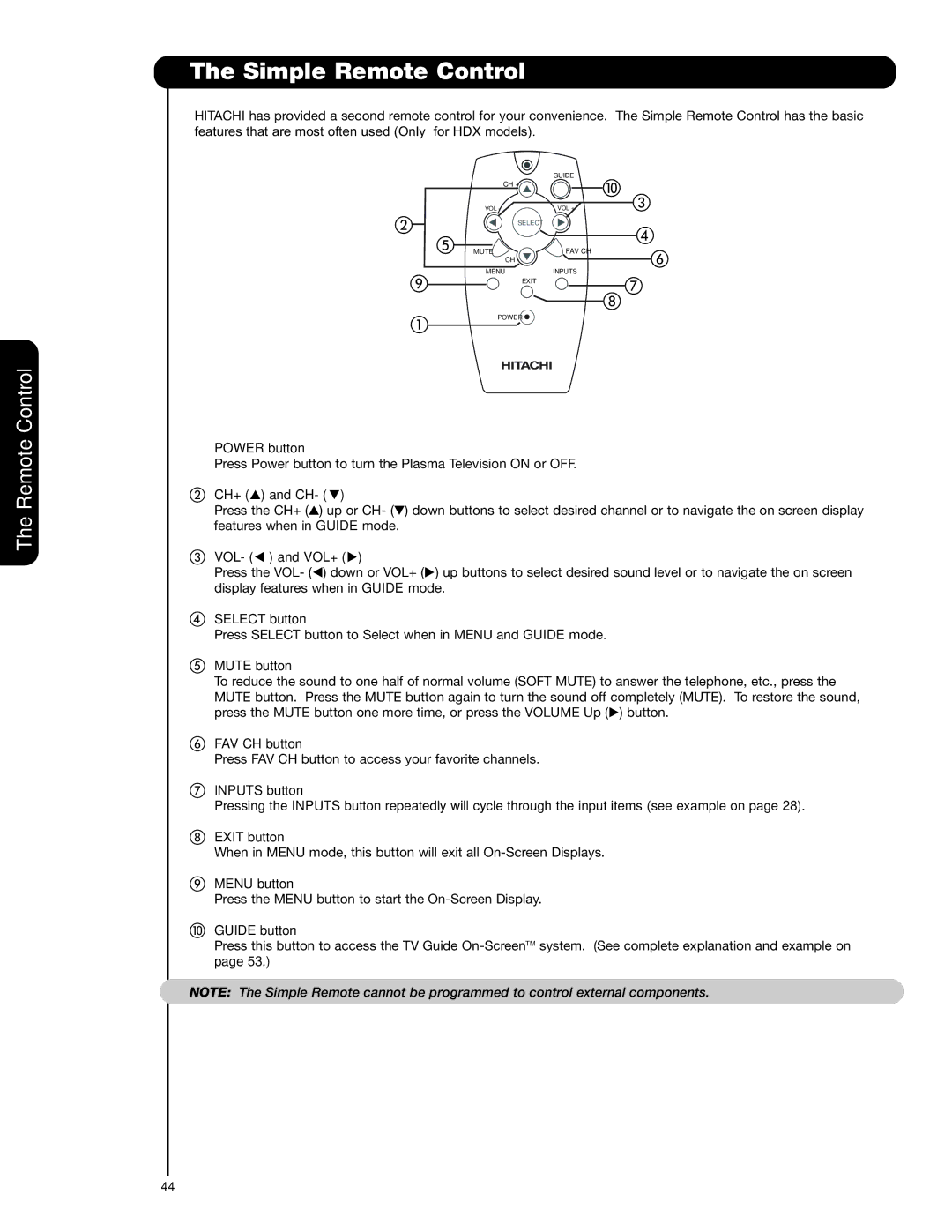 Hitachi 55HDT79 42HDX99 important safety instructions Simple Remote Control 