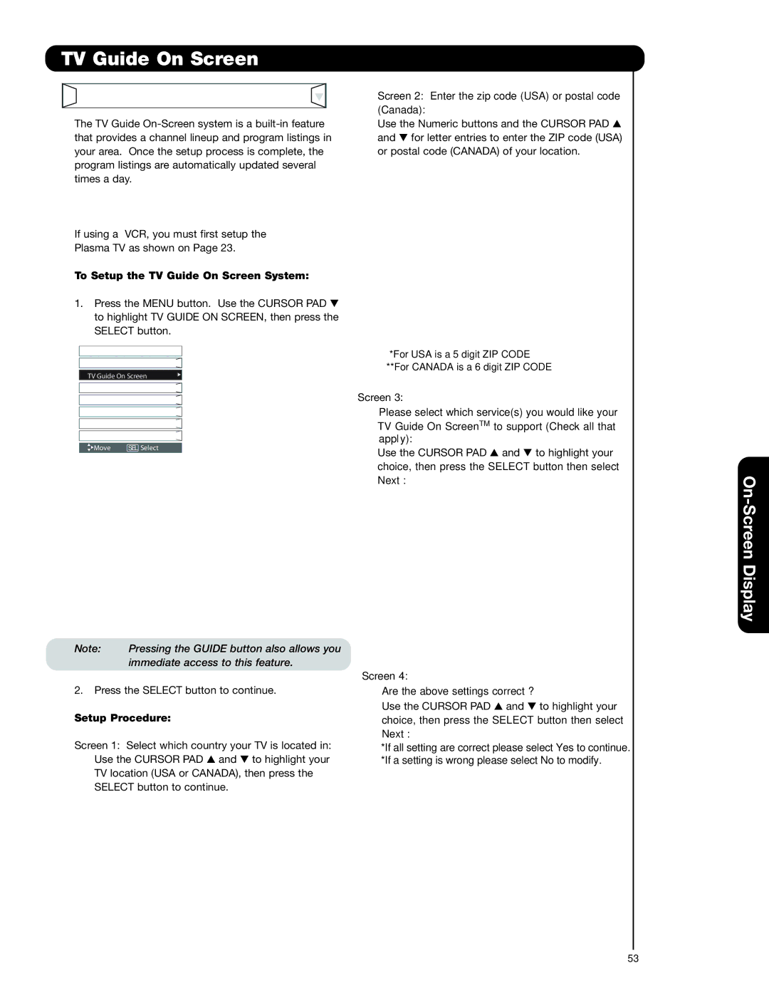 Hitachi 55HDT79 42HDX99 important safety instructions To Setup the TV Guide On Screen System, Setup Procedure 