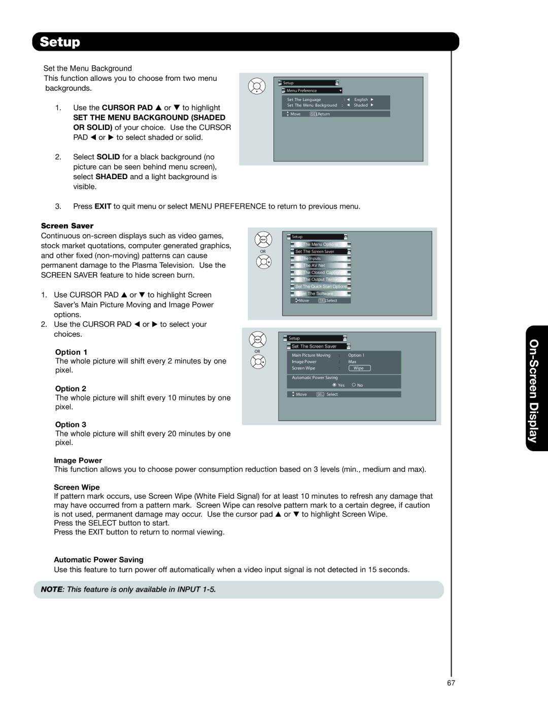 Hitachi 55HDT79 42HDX99 Set the Menu Background, Screen Saver, Option, Image Power, Screen Wipe, Automatic Power Saving 