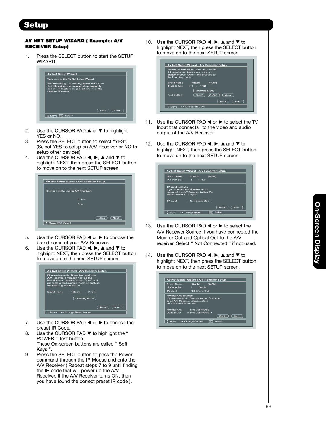 Hitachi 55HDT79 42HDX99 AV NET Setup Wizard Example A/V Receiver Setup, Press the Select button to start the Setup Wizard 