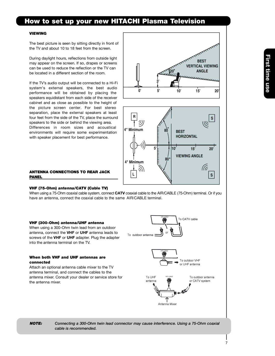 Hitachi 55HDT79 42HDX99 important safety instructions Viewing, Antenna Connections to Rear Jack Panel 