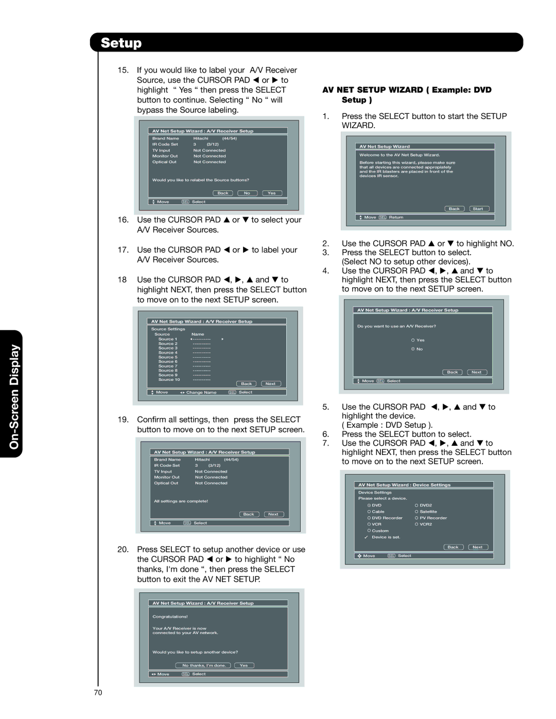 Hitachi 55HDT79 42HDX99 AV NET Setup Wizard Example DVD Setup, AV Net Setup Wizard Device Settings 