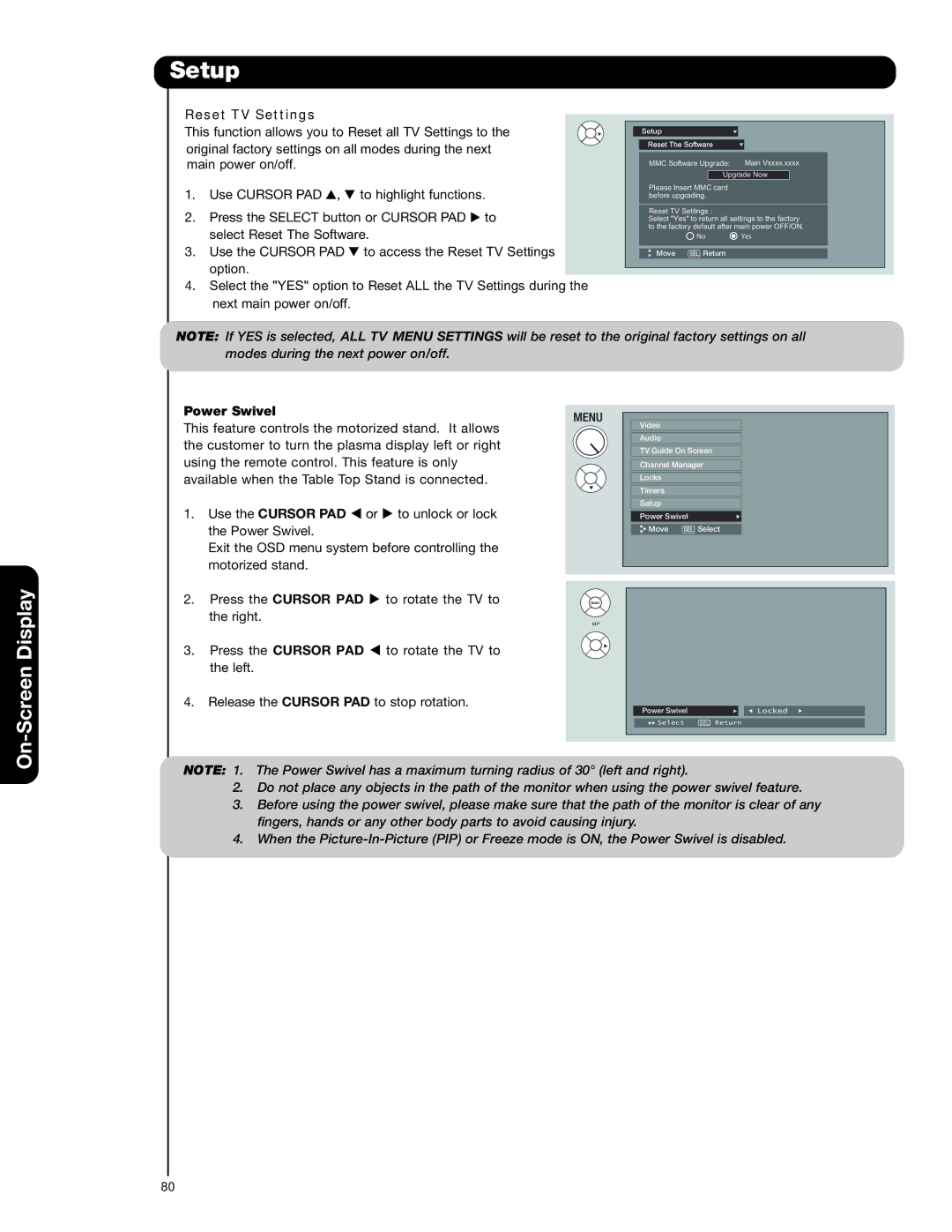 Hitachi 55HDT79 42HDX99 important safety instructions Reset TV Settings, Power Swivel 