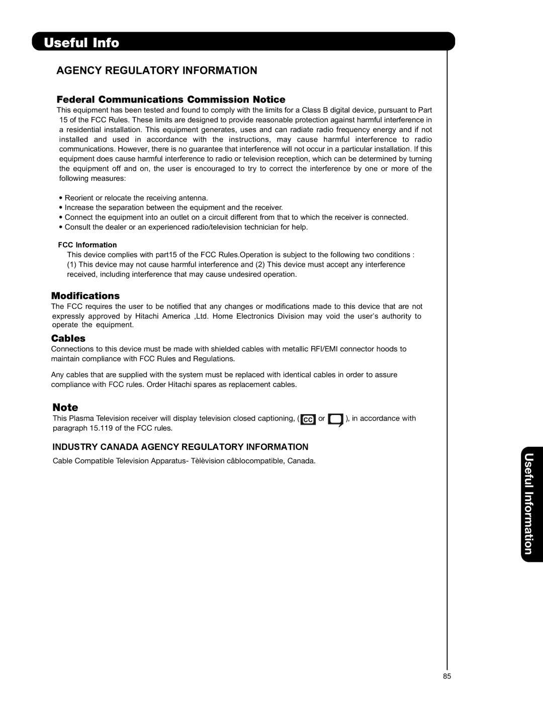 Hitachi 55HDT79 42HDX99 important safety instructions Useful Info, FCC Information 