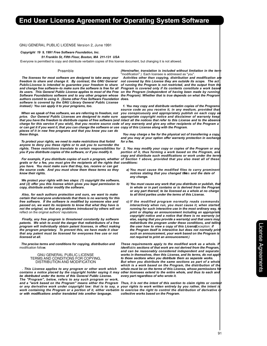 Hitachi 55HDT79 42HDX99 important safety instructions End User License Agreement for Operating System Software, Preamble 