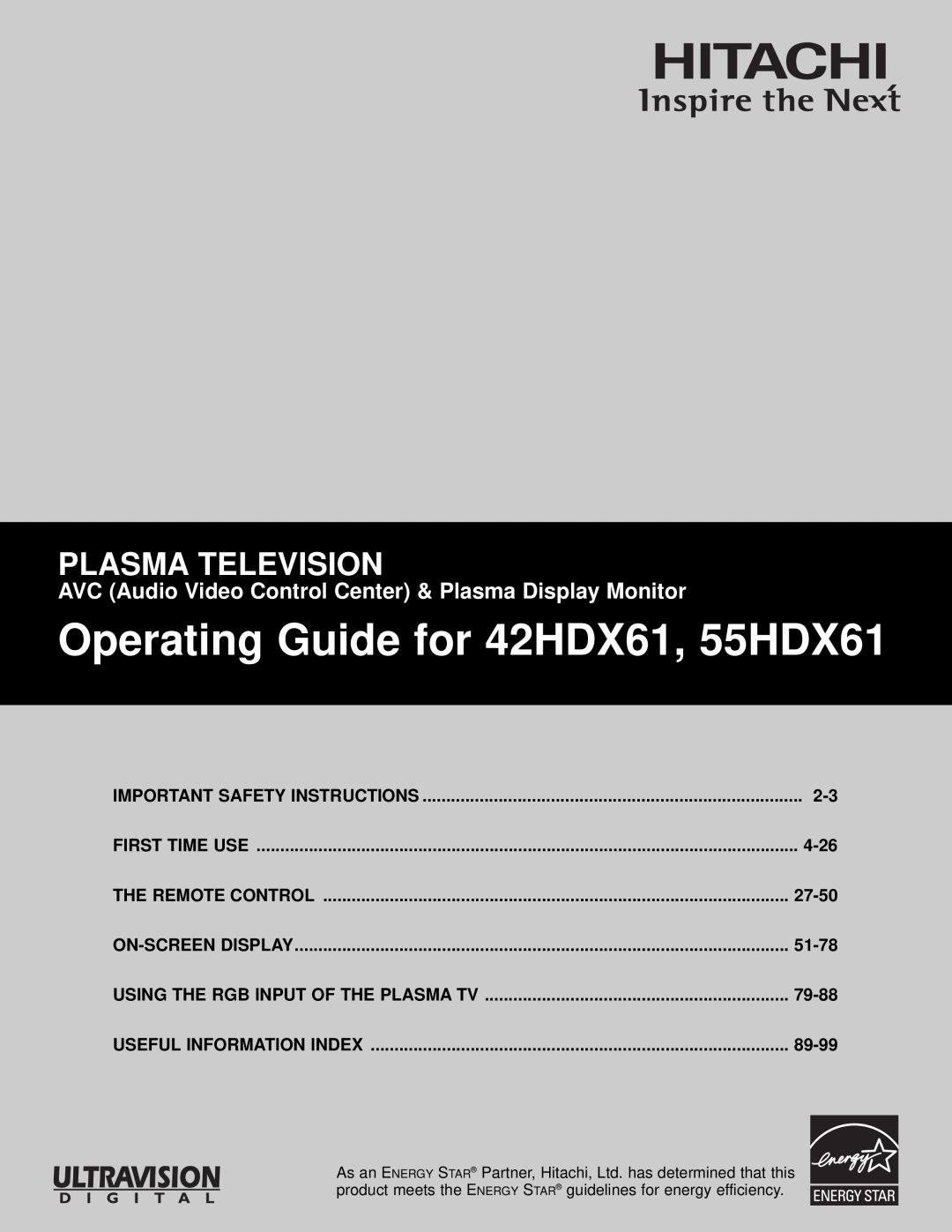 Hitachi important safety instructions Operating Guide for 42HDX61, 55HDX61, Plasma Television 