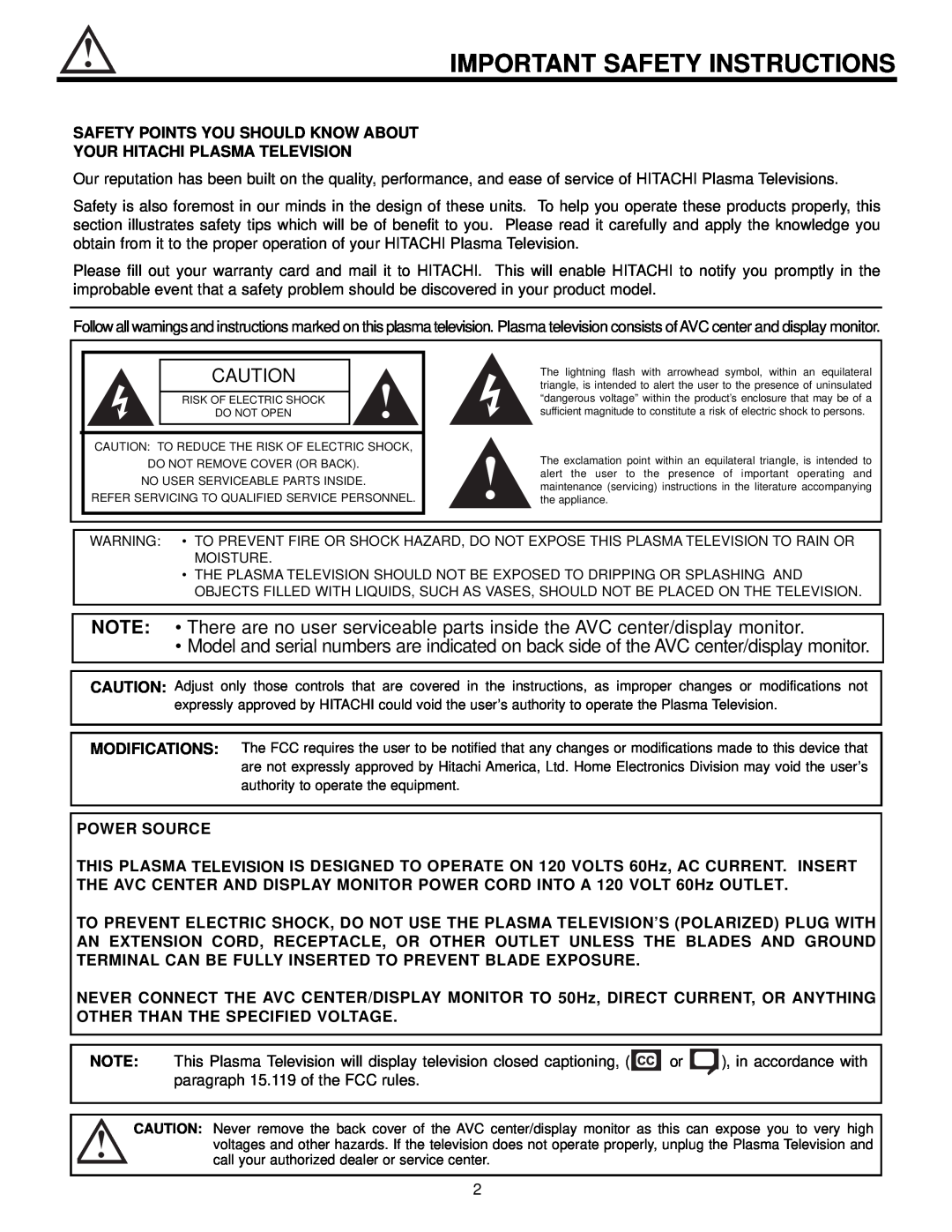 Hitachi 55HDX61 Important Safety Instructions, Safety Points You Should Know About, Your Hitachi Plasma Television 