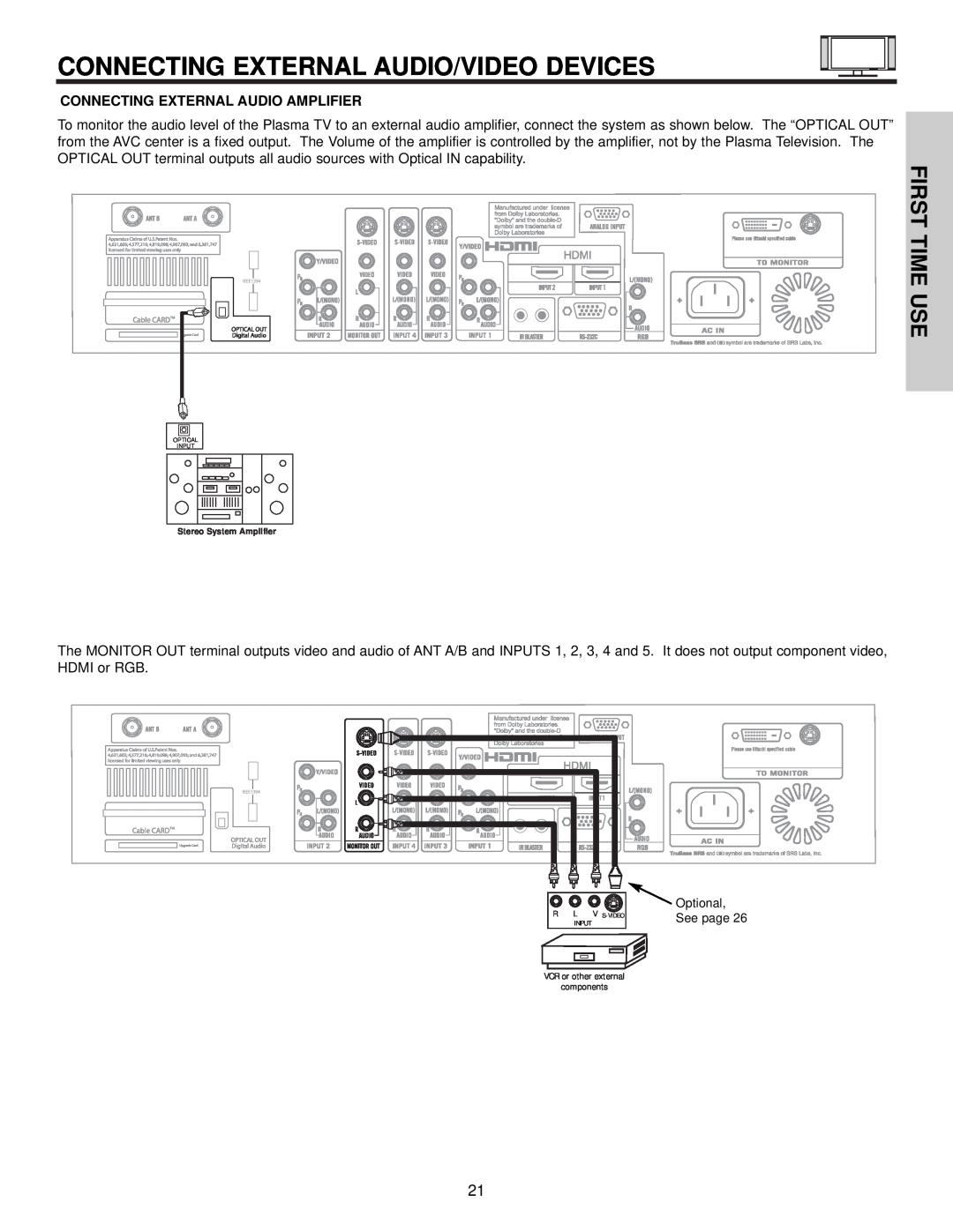 Hitachi 42HDX61, 55HDX61 Connecting External Audio/Video Devices, First Time Use, Connecting External Audio Amplifier 