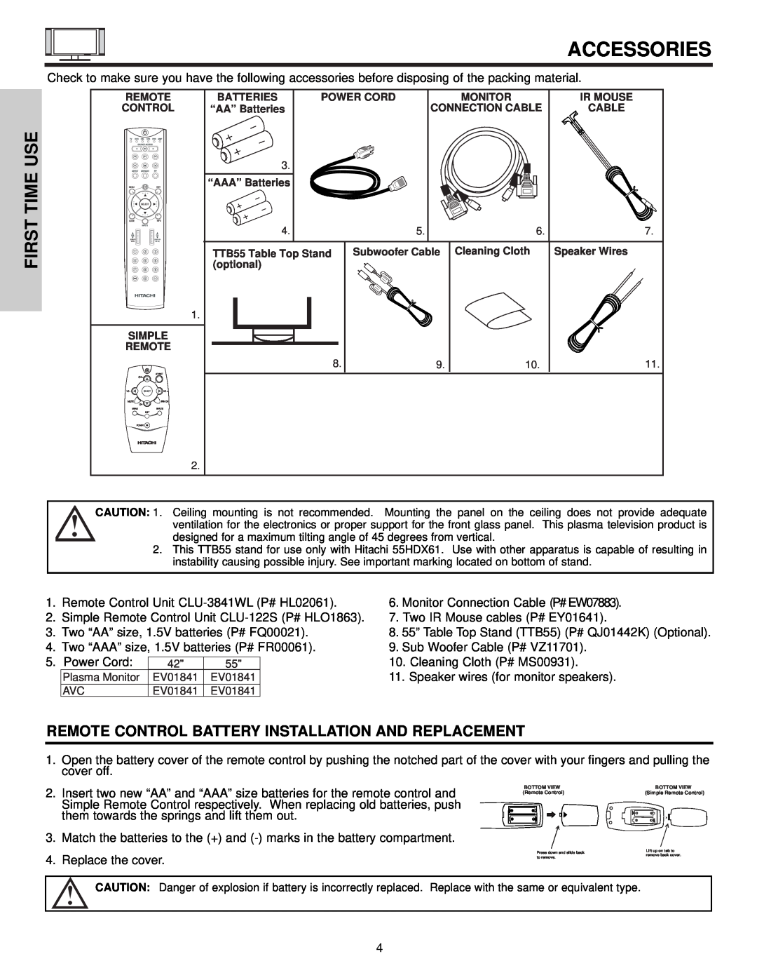 Hitachi 42HDX61, 55HDX61 important safety instructions Accessories, Time, First 