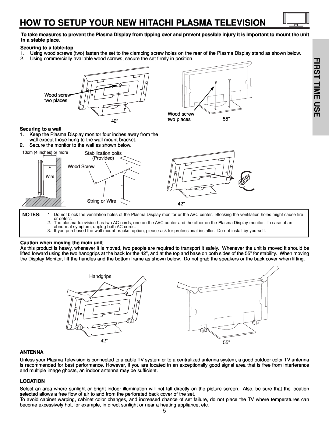 Hitachi 42HDX61, 55HDX61 How To Setup Your New Hitachi Plasma Television, First, Time Use, Securing to a table-top 