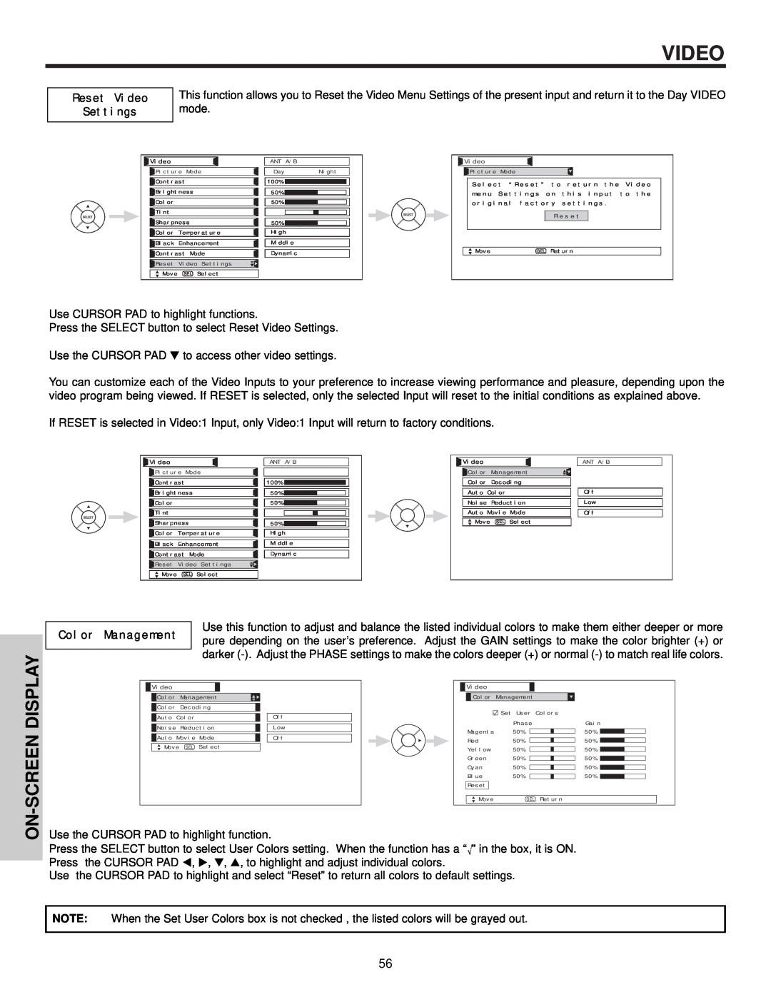 Hitachi 42HDX61, 55HDX61 important safety instructions Reset Video Settings, Color Management 