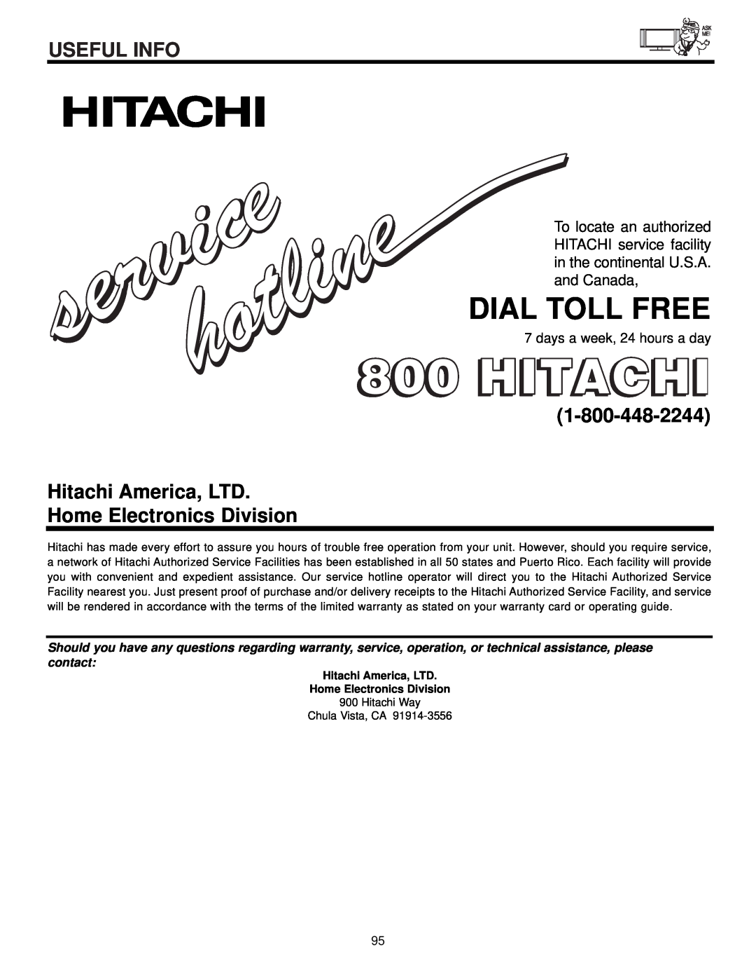 Hitachi 42HDX61, 55HDX61 Hitachi America, LTD, Home Electronics Division, Dial Toll Free, Useful Info 