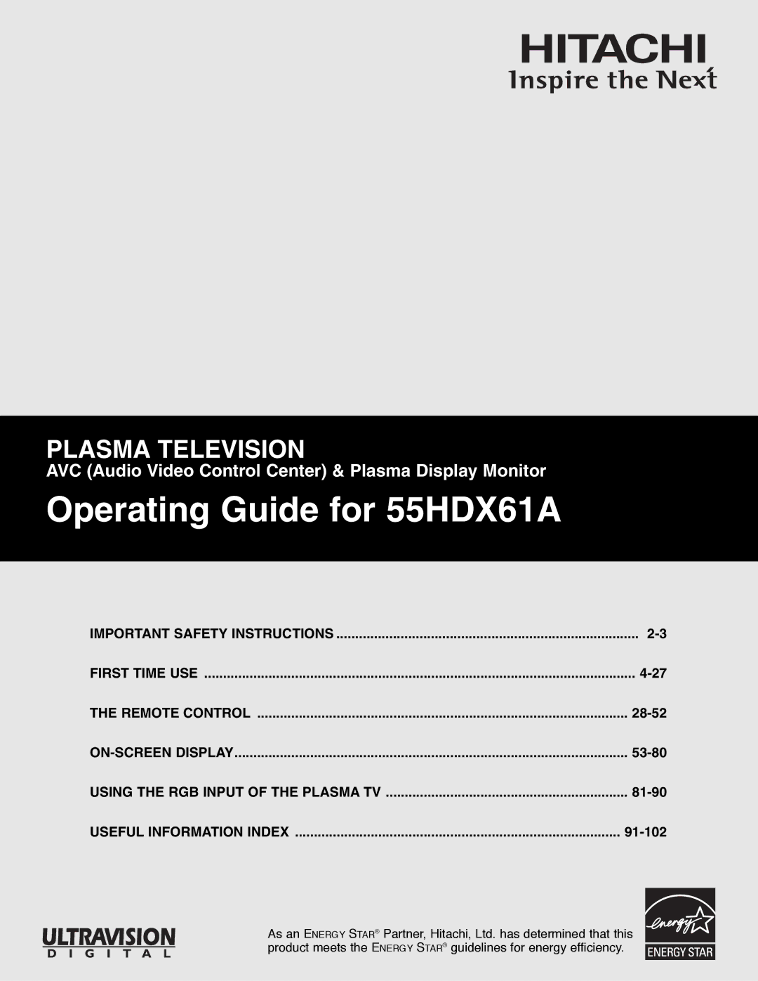 Hitachi important safety instructions Operating Guide for 55HDX61A 