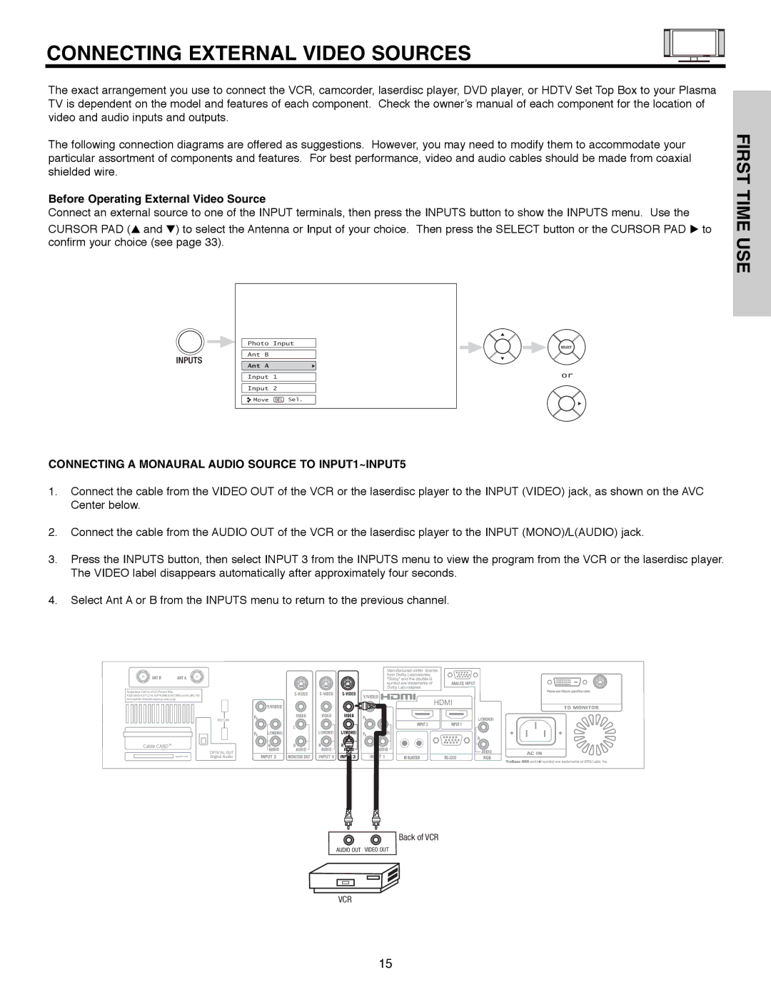 Hitachi 55HDX61A Before Operating External Video Source, Connecting a Monaural Audio Source to INPUT1~INPUT5 