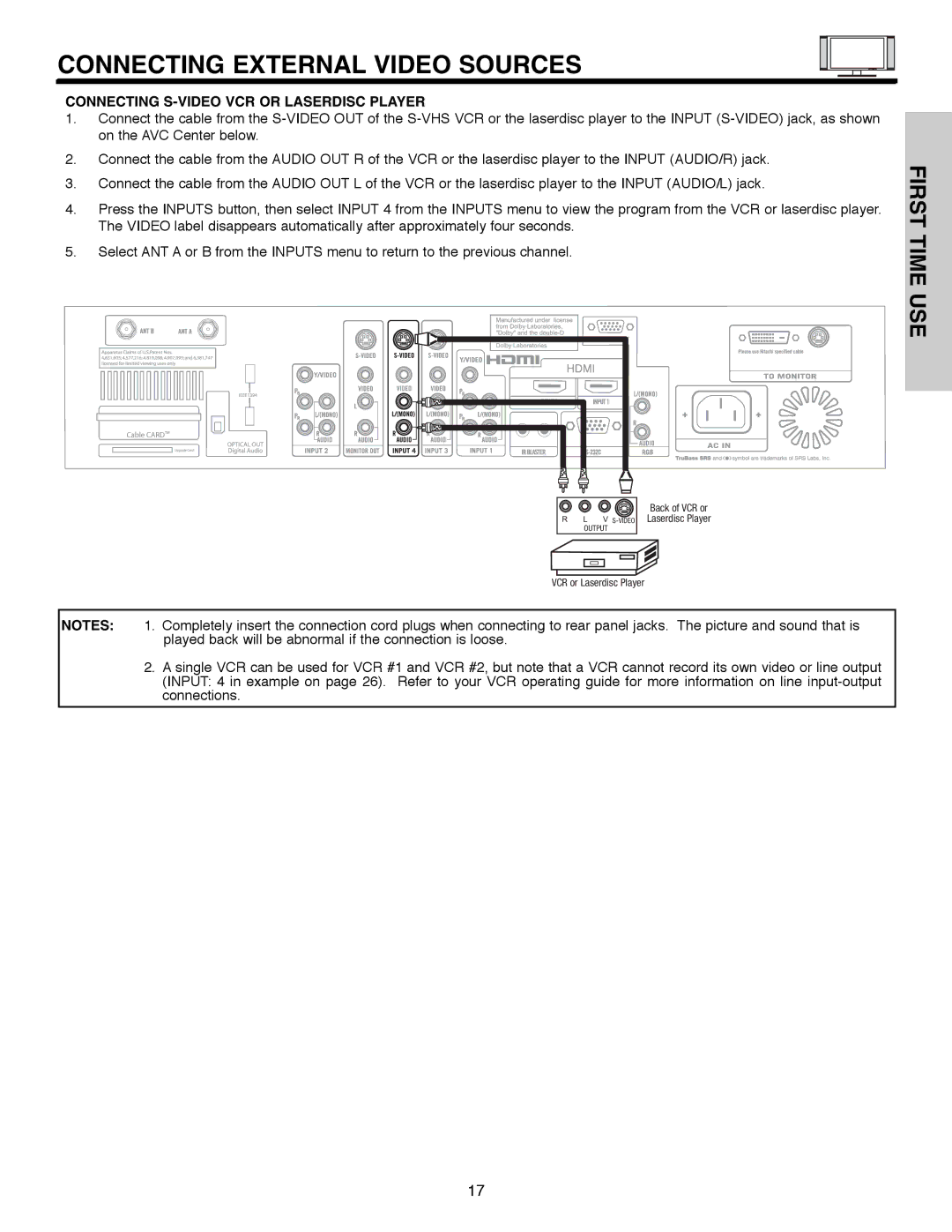 Hitachi 55HDX61A important safety instructions Connecting S-VIDEO VCR or Laserdisc Player 