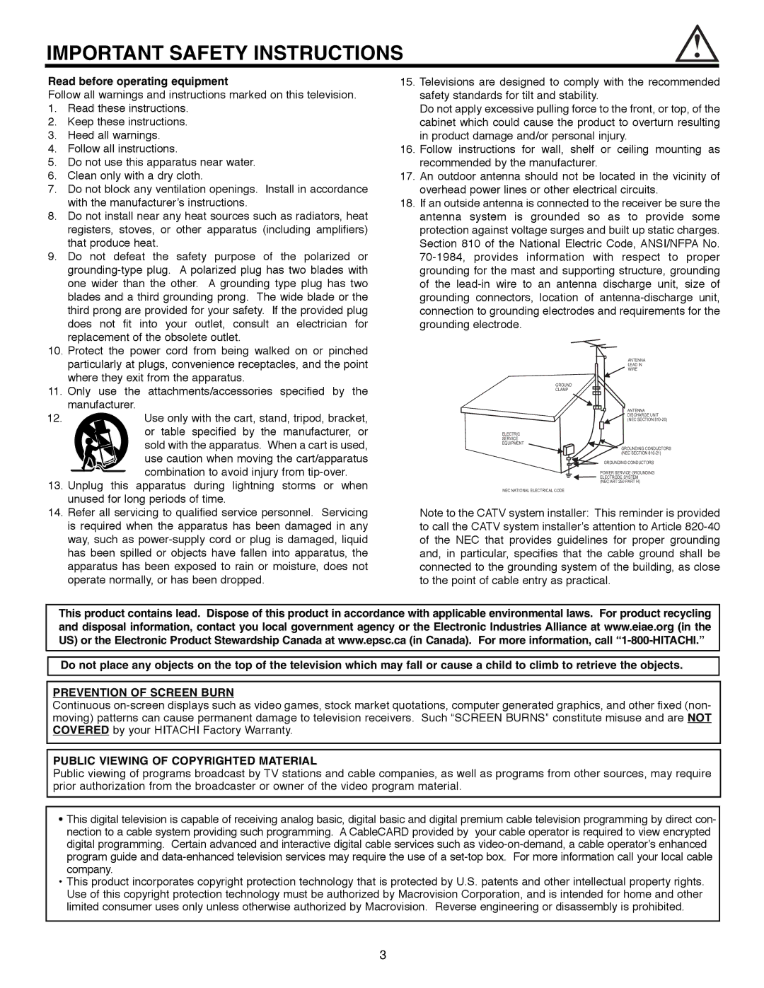 Hitachi 55HDX61A Read before operating equipment, Prevention of Screen Burn, Public Viewing of Copyrighted Material 