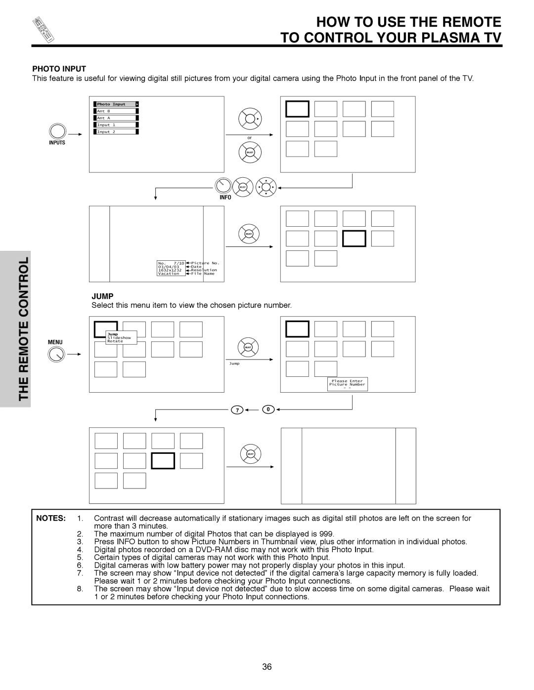 Hitachi 55HDX61A important safety instructions Jump, Select this menu item to view the chosen picture number 