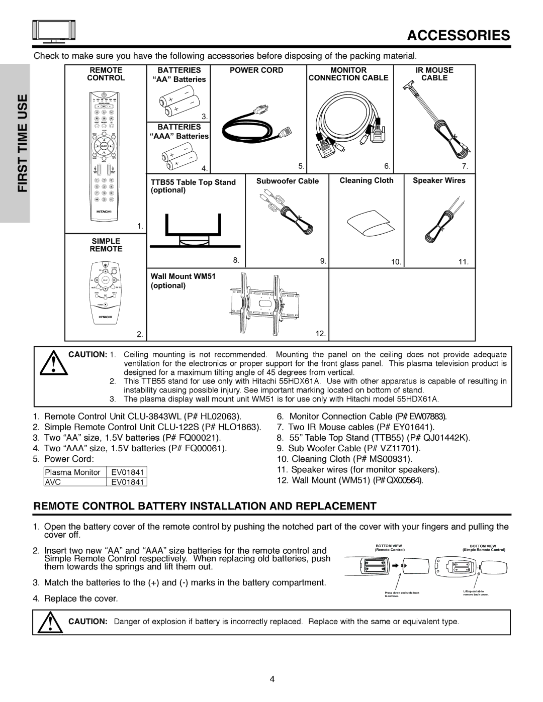 Hitachi 55HDX61A important safety instructions Accessories, USE Time, First 