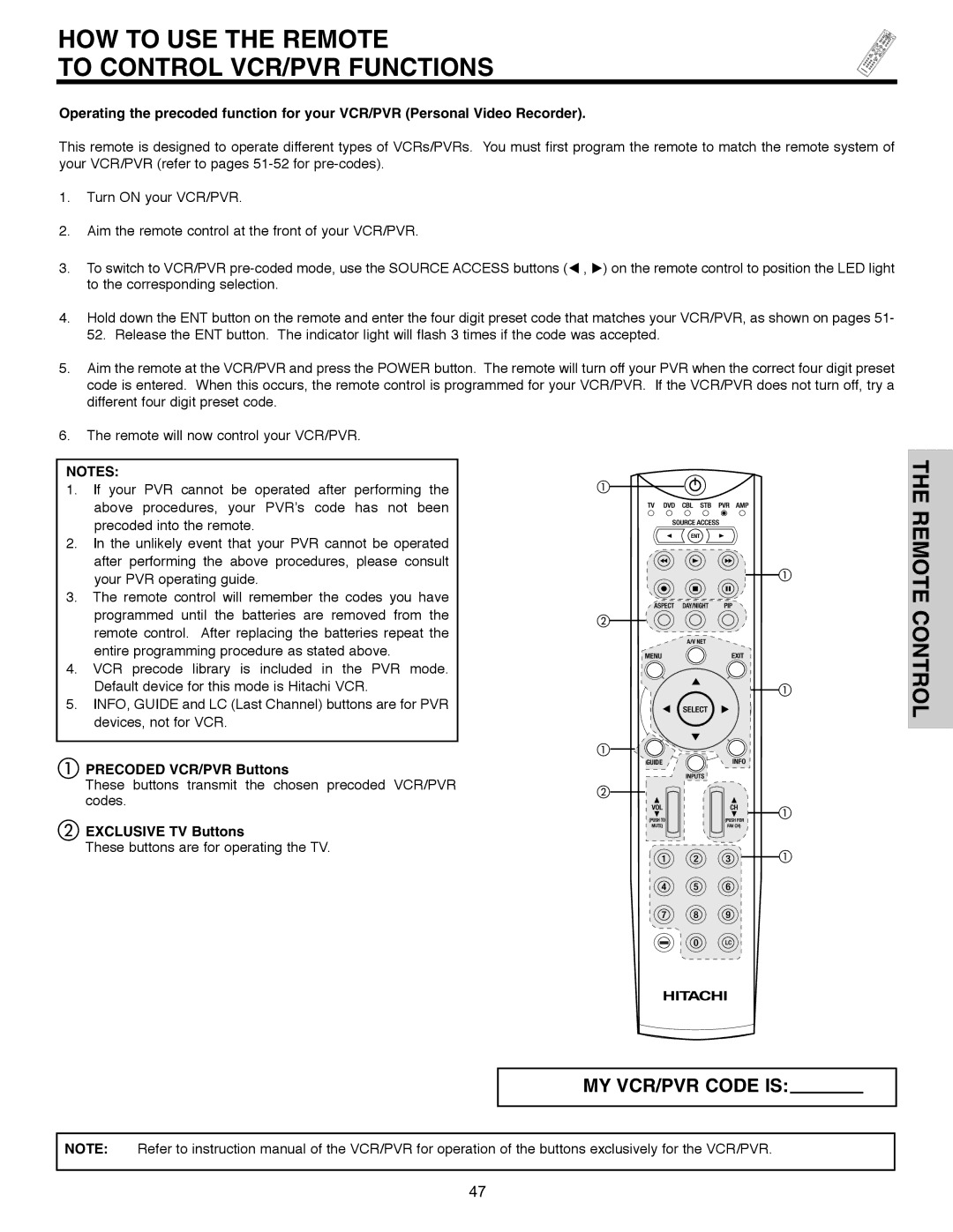 Hitachi 55HDX61A important safety instructions HOW to USE the Remote To Control VCR/PVR Functions, Precoded VCR/PVR Buttons 