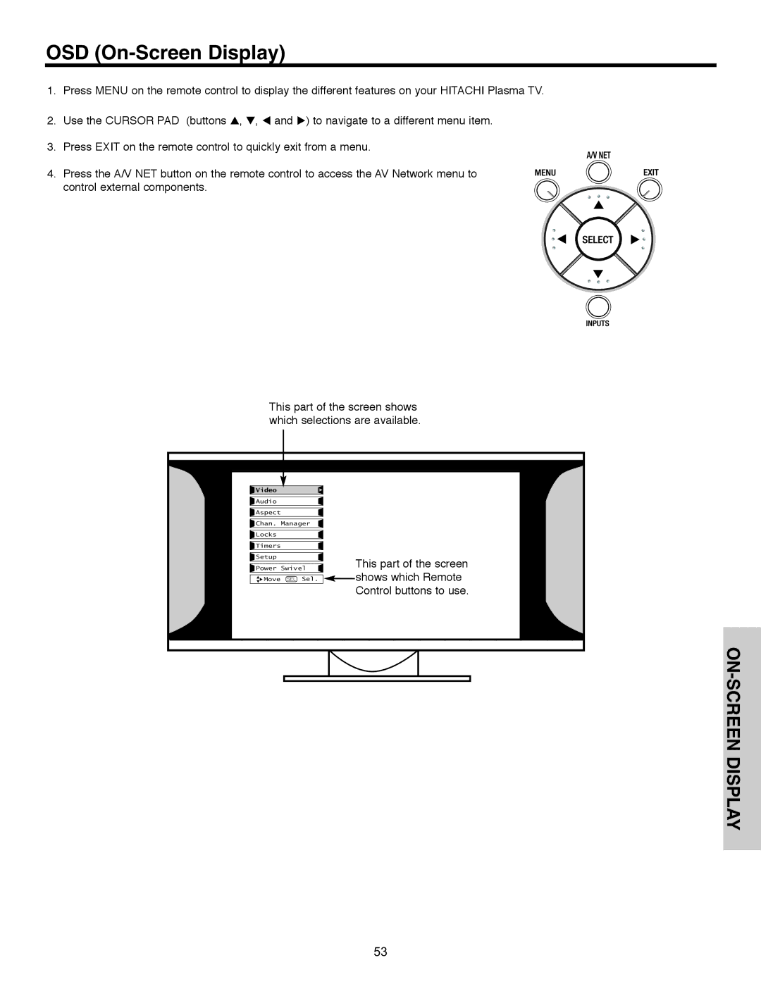 Hitachi 55HDX61A important safety instructions OSD On-Screen Display, ON-SCREEN Display 