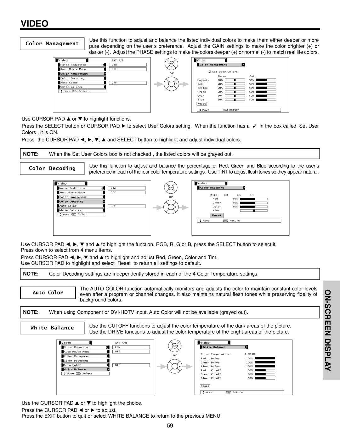 Hitachi 55HDX61A important safety instructions On-Screen, Color Management, Color Decoding, White Balance 