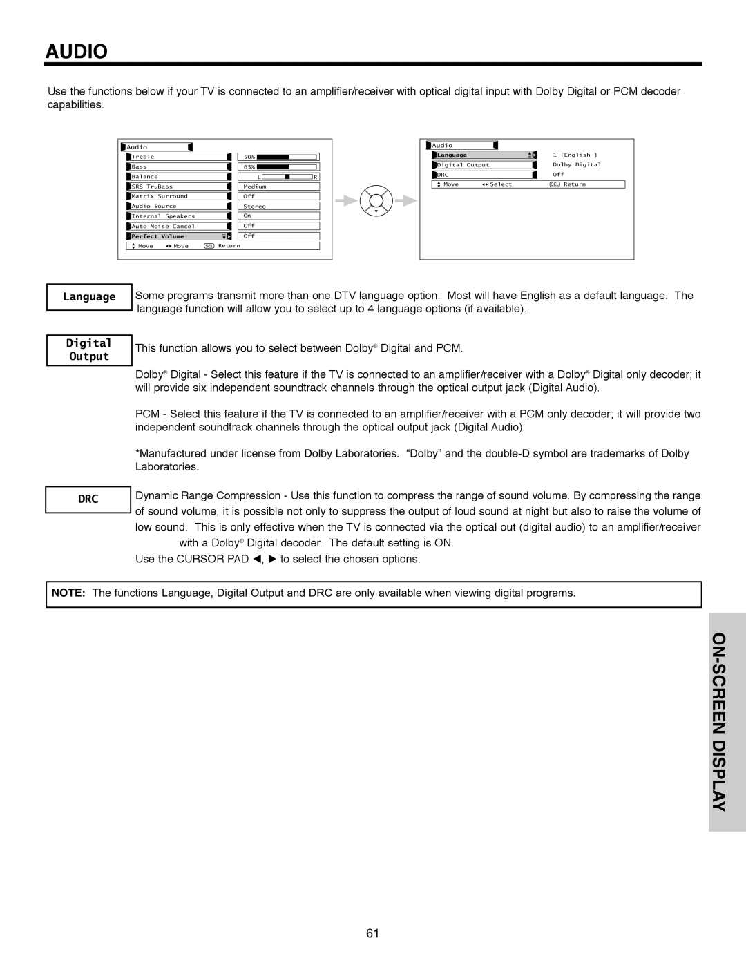 Hitachi 55HDX61A important safety instructions Language Digital Output, Drc 