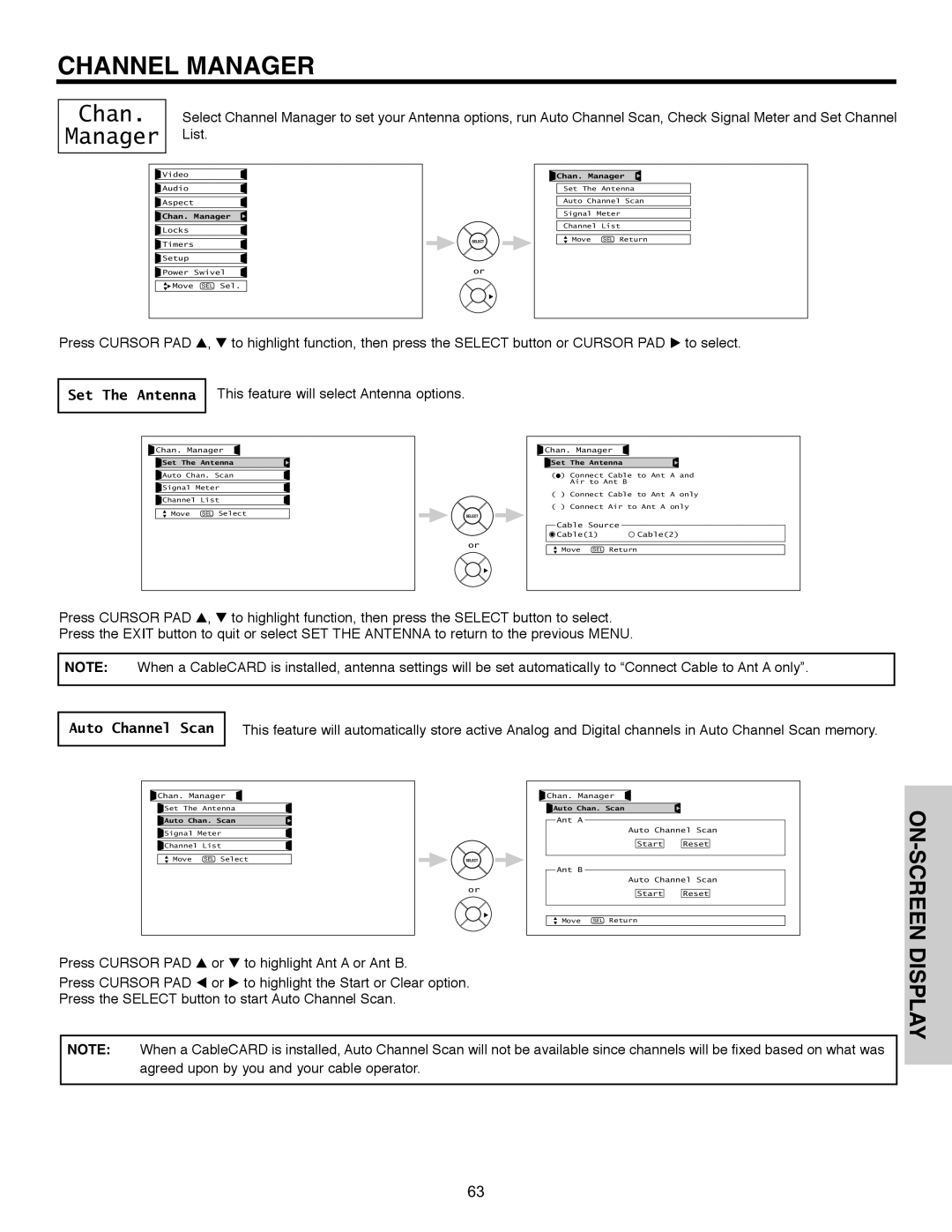 Hitachi 55HDX61A Channel Manager, Set The Antenna, Auto Channel Scan, Press Cursor PAD To highlight Ant a or Ant B 