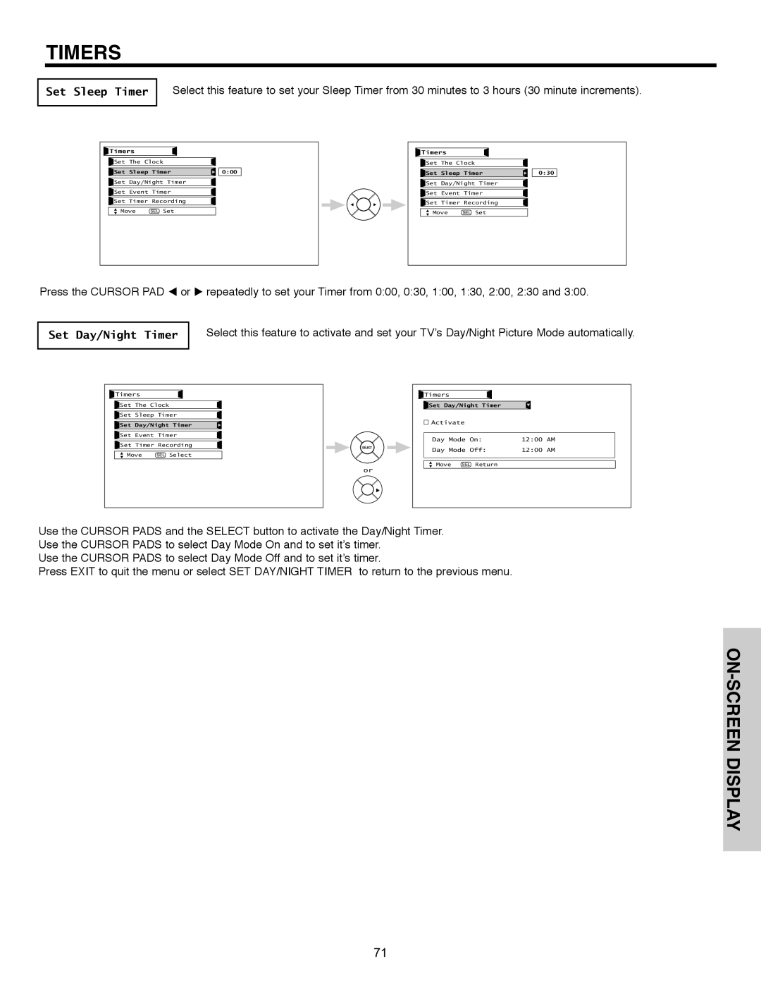 Hitachi 55HDX61A important safety instructions Set Sleep Timer, Set Day/Night Timer 