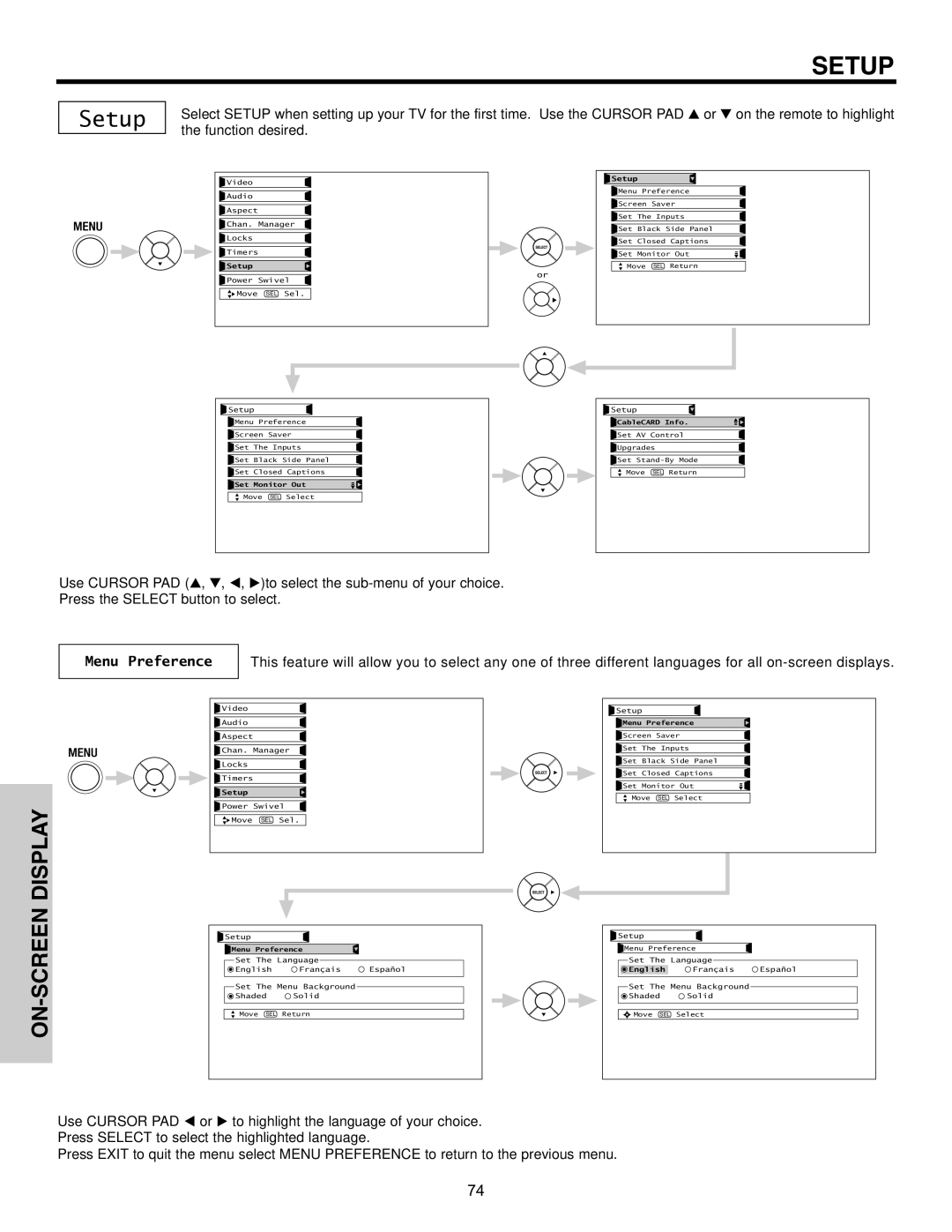 Hitachi 55HDX61A important safety instructions Setup, Menu Preference 