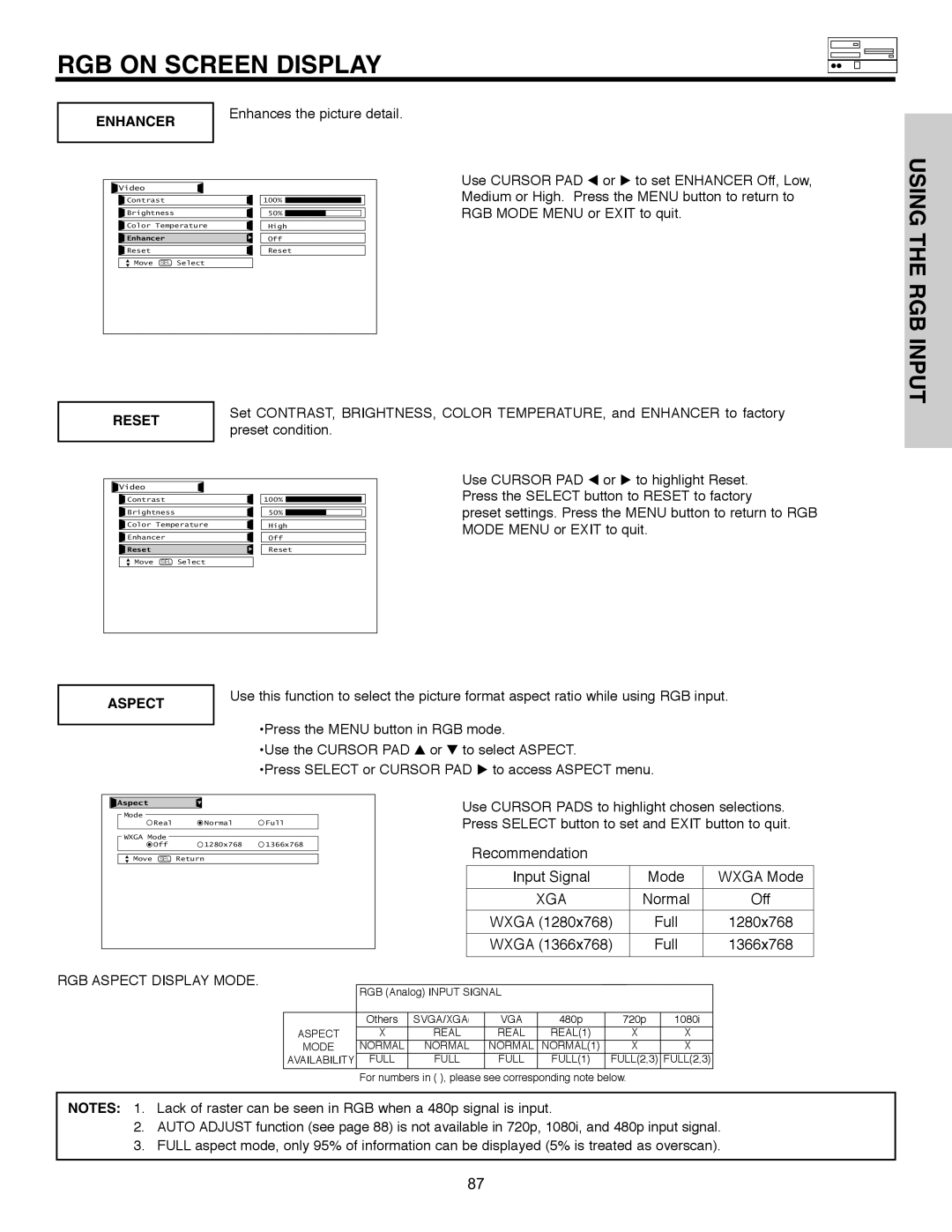 Hitachi 55HDX61A important safety instructions Enhancer, Reset, Aspect 