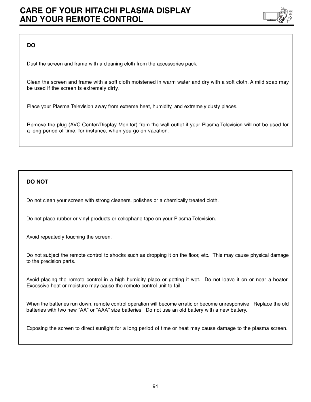 Hitachi 55HDX61A important safety instructions Care of Your Hitachi Plasma Display Your Remote Control, Do not 