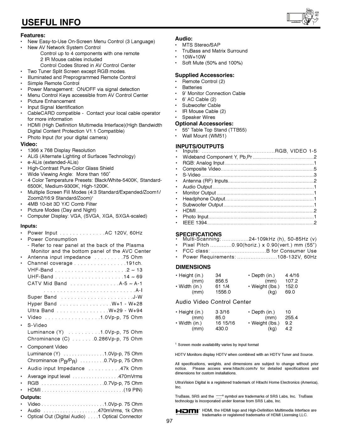 Hitachi 55HDX61A important safety instructions Inputs, Outputs 