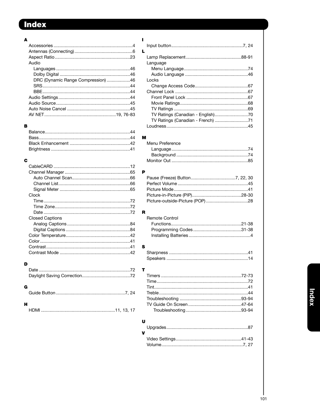 Hitachi 55VG825 important safety instructions Index, Locks 