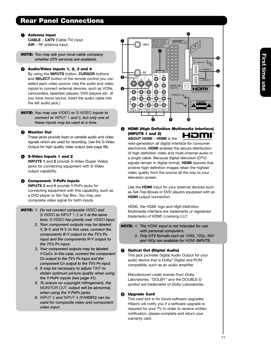 Hitachi 55VG825 important safety instructions Rear Panel Connections 