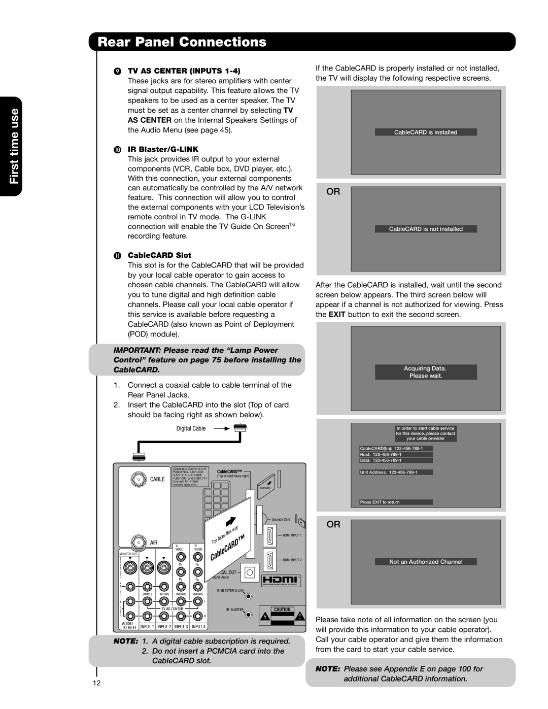 Hitachi 55VG825 important safety instructions TV AS Center Inputs, IR Blaster/G-LINK, CableCARD Slot 