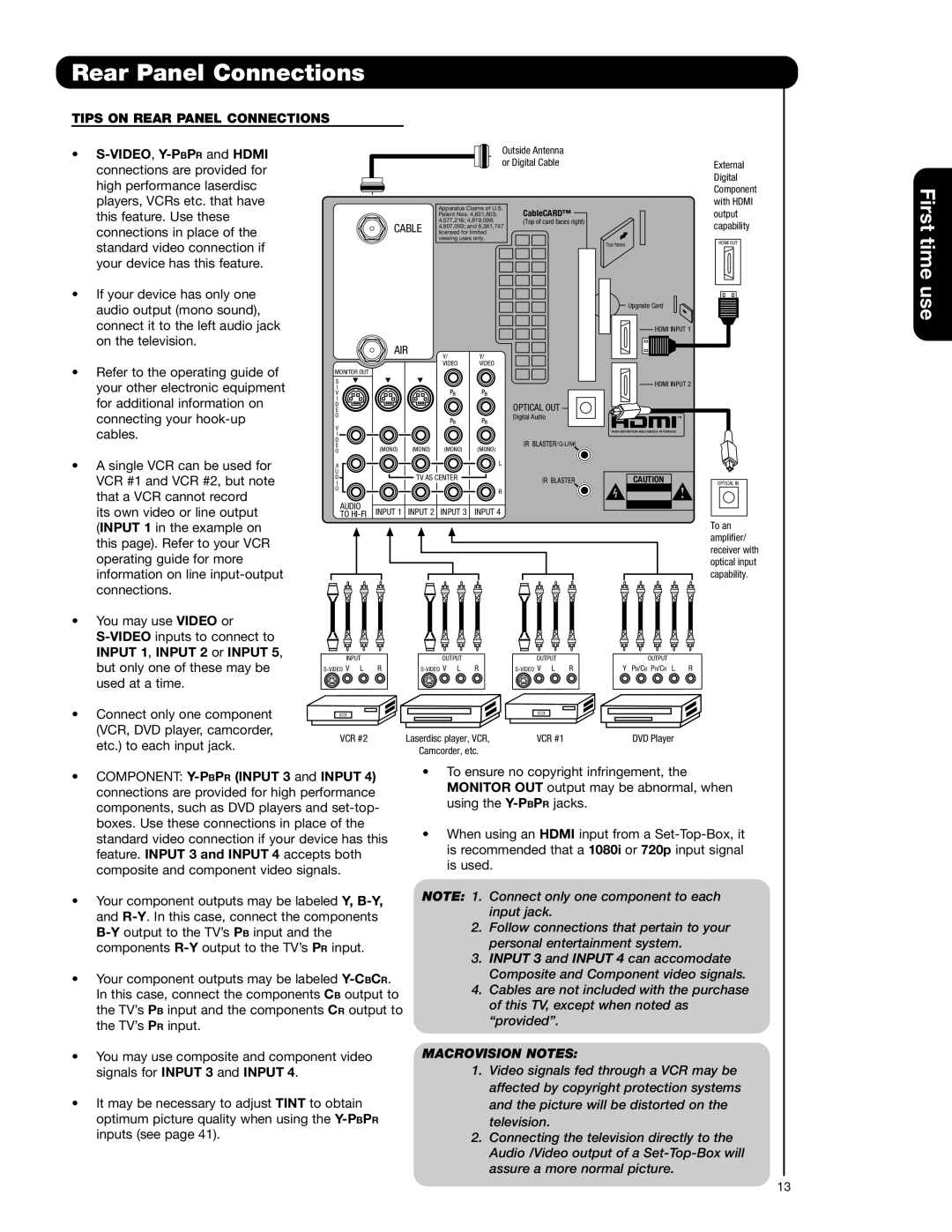 Hitachi 55VG825 important safety instructions Tips on Rear Panel Connections, VIDEO,Y-PBPRand Hdmi 