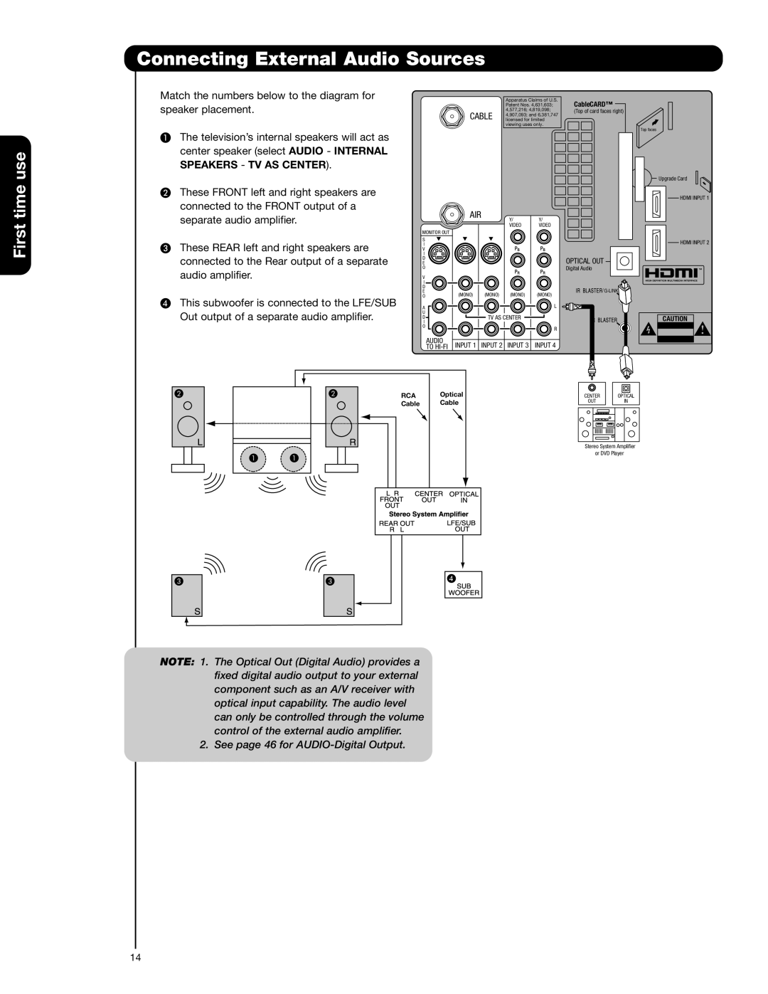 Hitachi 55VG825 important safety instructions Connecting External Audio Sources, Speaker placement 