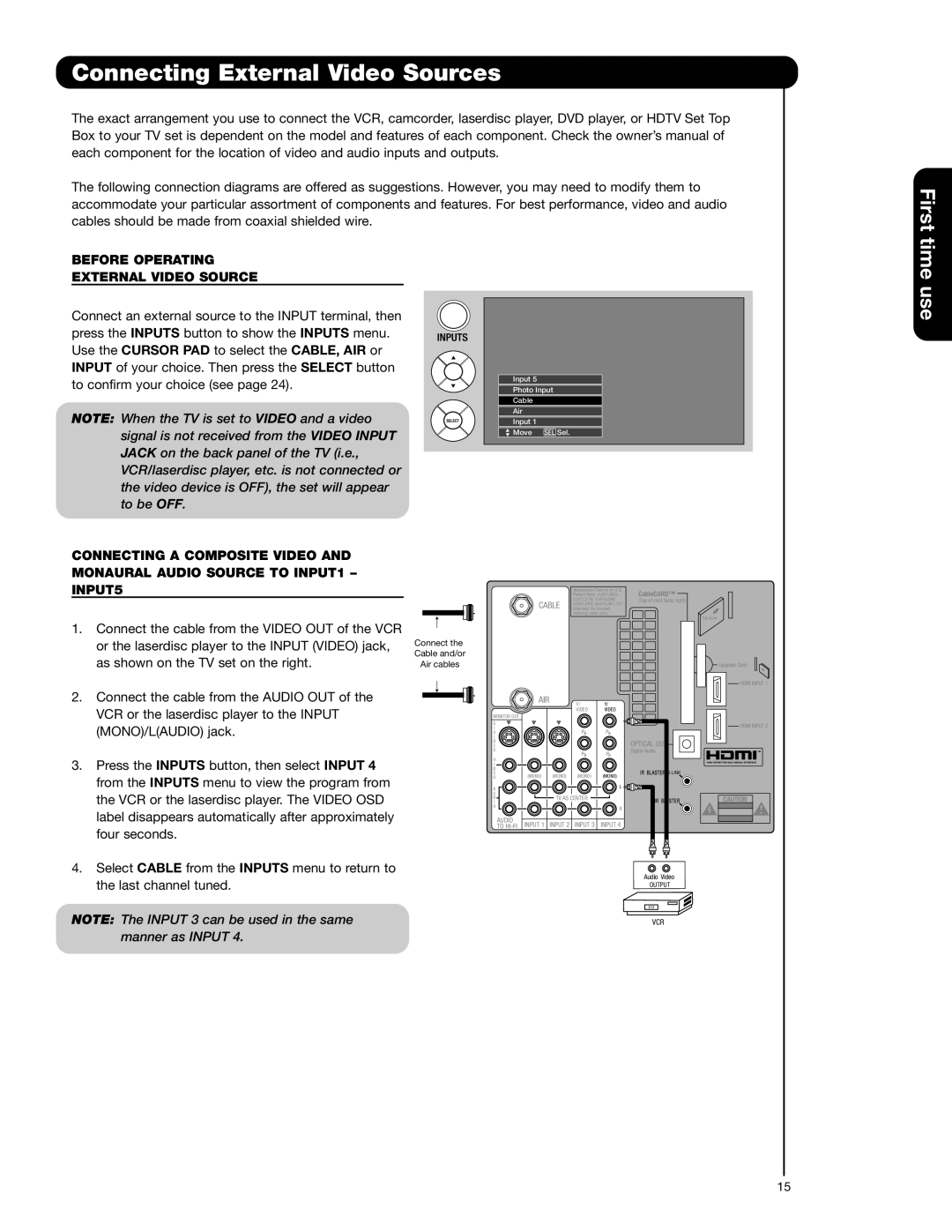 Hitachi 55VG825 important safety instructions Connecting External Video Sources, Before Operating External Video Source 