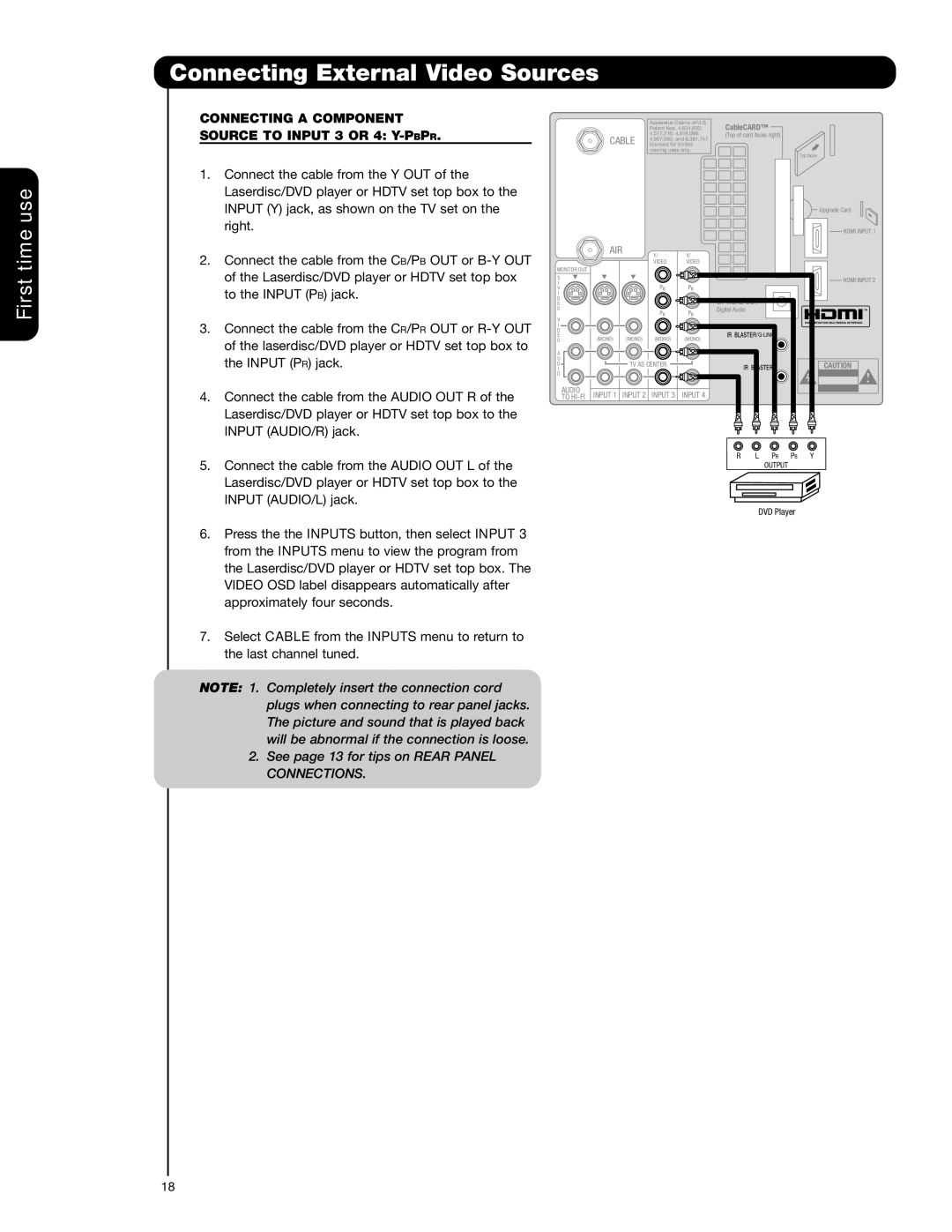 Hitachi 55VG825 important safety instructions Connecting a Component 