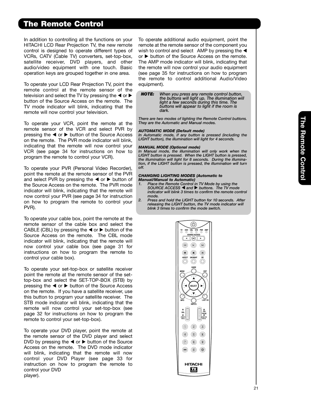 Hitachi 55VG825 important safety instructions Remote Control, Automatic Mode Default mode 