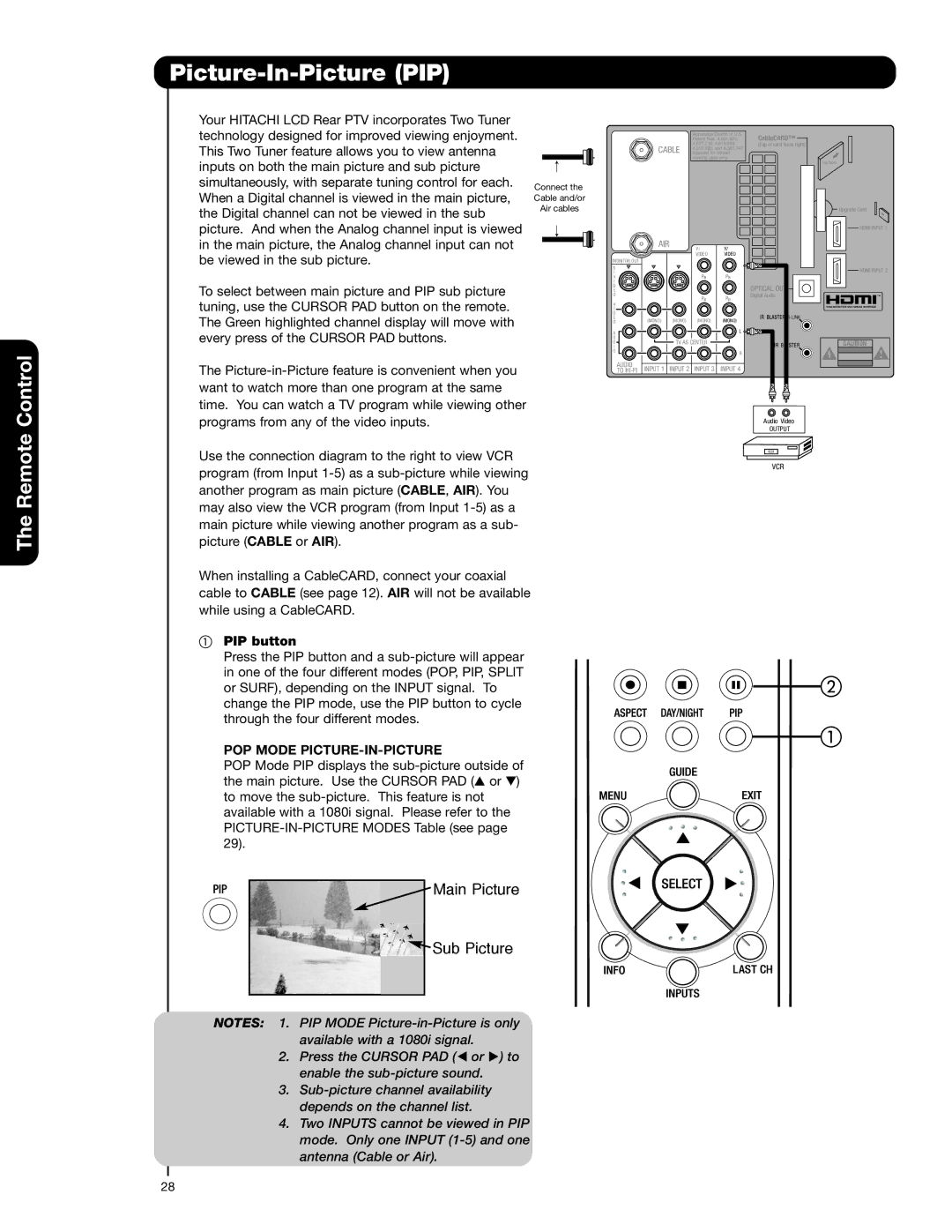 Hitachi 55VG825 important safety instructions Picture-In-Picture PIP, PIP button, POP Mode PICTURE-IN-PICTURE 